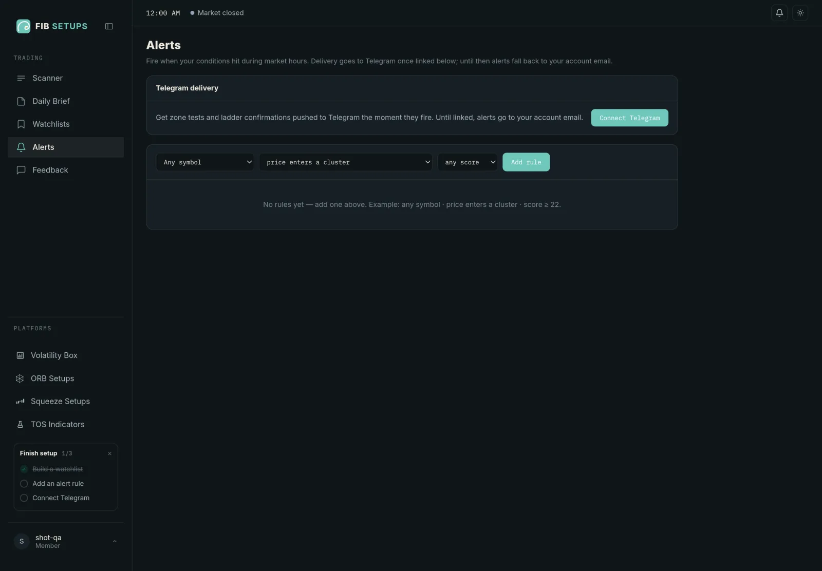 The alert rule builder with Telegram delivery